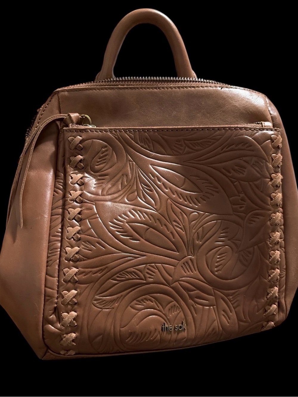 The Sak Brown Embossed Floral Convertible Backpack Crossbody Zip NWT
